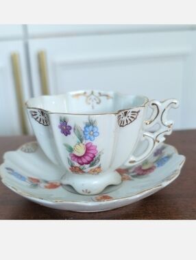 Vintage Trimont Japan Floral Gold-Trim Porcelain Demitasse Teacup & Saucer